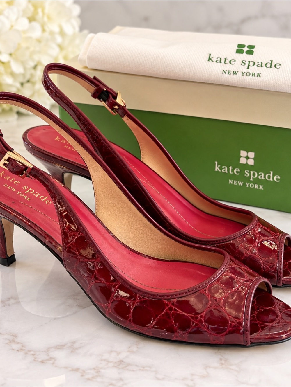 kate spade Burgundy Patent Croc-Embossed Slingback Heels